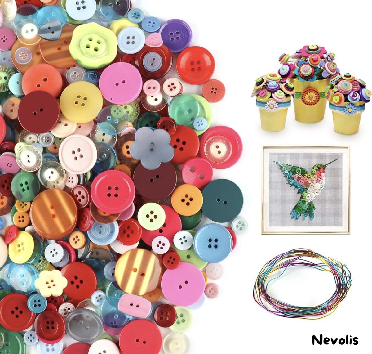 Nevolis® pakket van 1200 kleurrijke knopen Plastic knutselknopen Kinderknopen Gemengde maten en kleuren Knutselharsknopen voor knutselen, naaien, kinderen, doe-het-zelf, schilderen, cadeauversiering.
