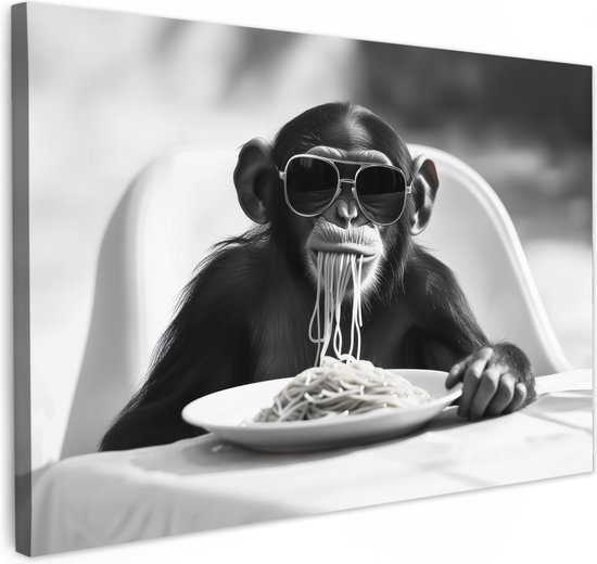 Canvas schilderij 60x40 cm - Wanddecoratie Aap - Spaghetti - Zonnebril - Zwart wit - Cool - Dier - Muurdecoratie accessoires - Keuken decoratie muur - Schilderijen op canvas