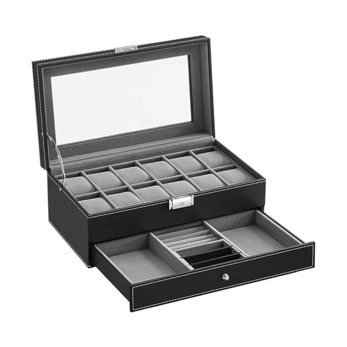 Watchbox, horlogebox, glazen deksel, 2 niveaus, 12 horloges, afsluitbare, 1 lade, ringen, armbanden, zwarte coating en grijze voering