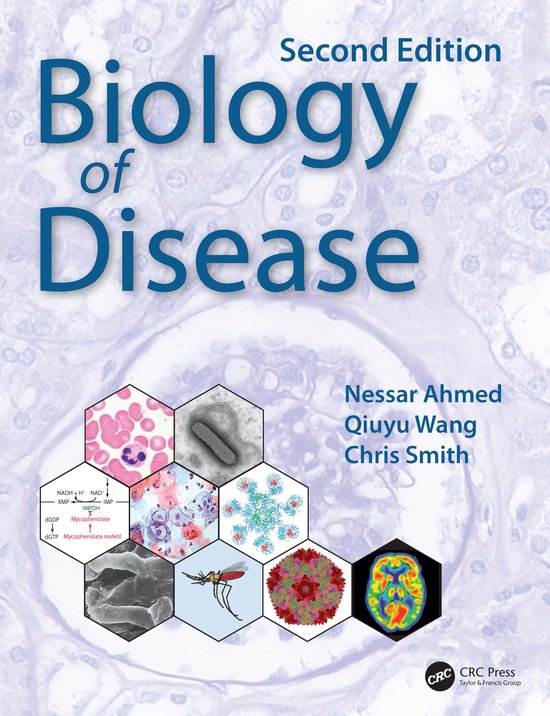 Boekomslag van 'Biology of Disease', tweede editie, met afbeeldingen van bloedcellen, bacteriën en een mug.