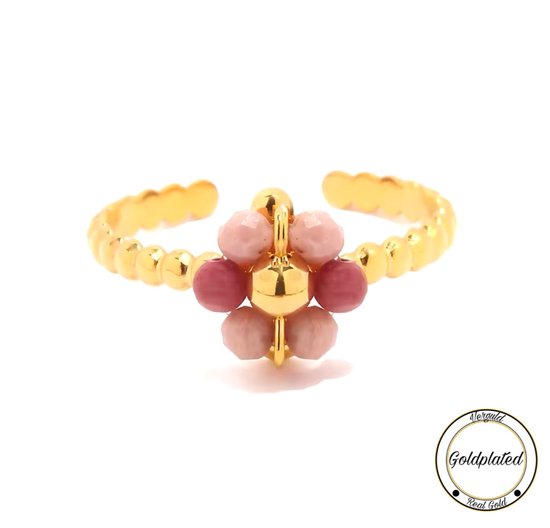 Goudkleurige ring met bloem van roze en rode kralen. Goudplated.