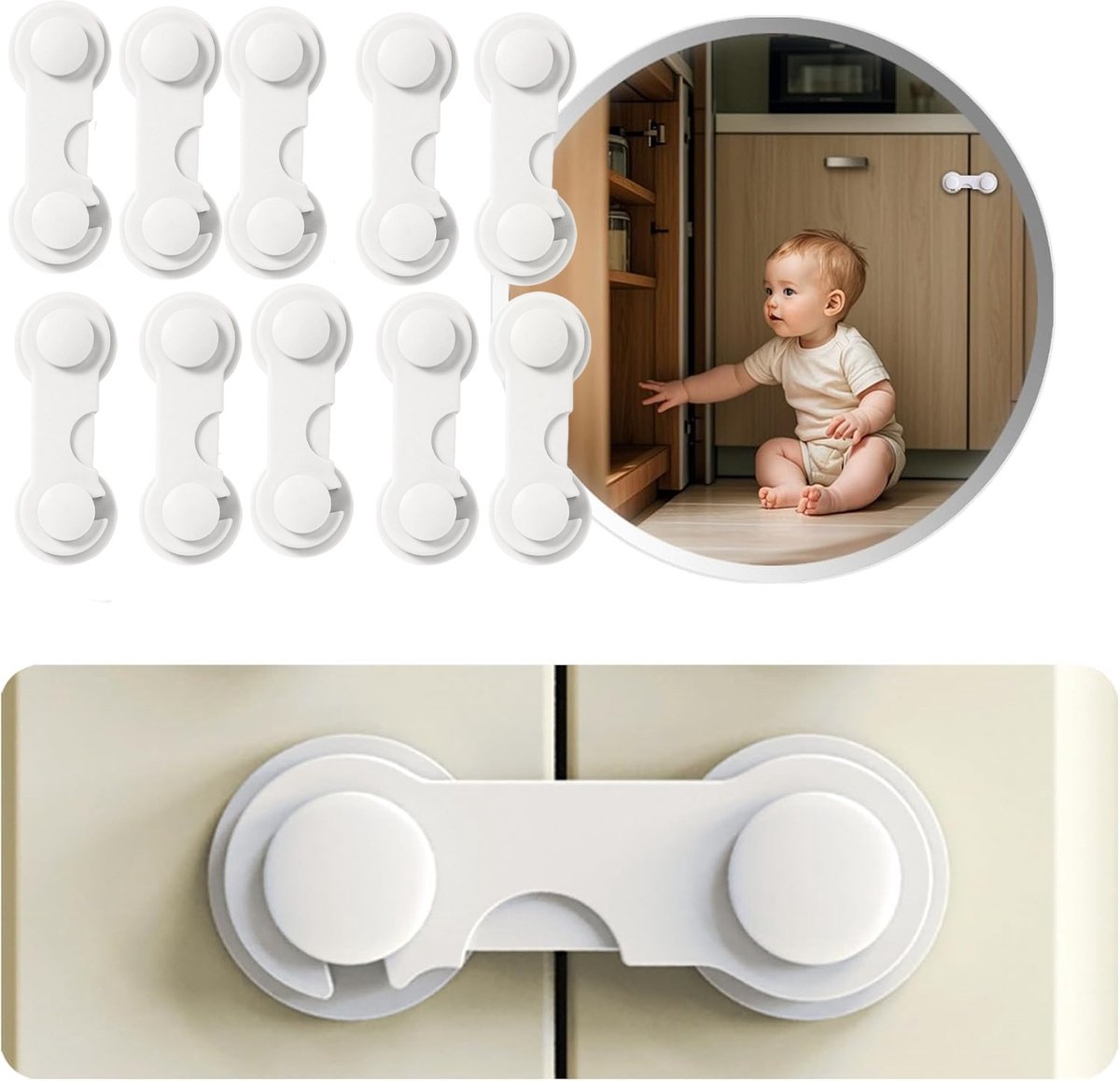Image of 10 STUKS babyveilige kastsloten, babyveilige kastbeveiliging, kastsloten babyveilig, veiligheidssloten zonder boren voor kastdeuren, laden, voorraadkast, garderobe - sterke kleefkracht, duurzaam, wit