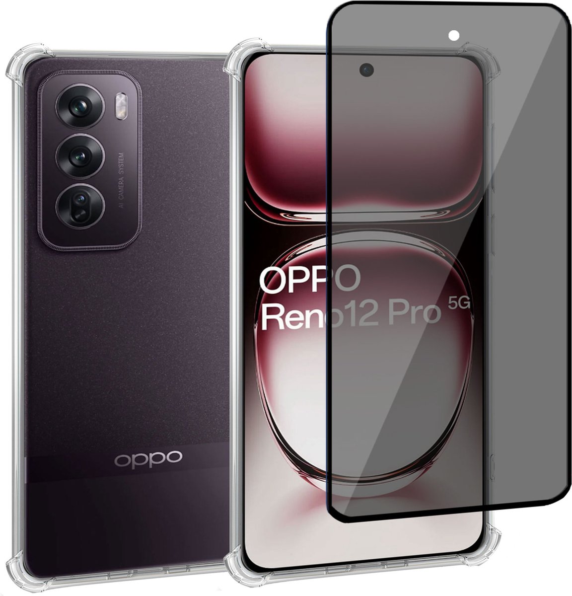 Geschikt voor OPPO Reno 12 Pro - Hoesje + Privacy Screenprotector – Privé - Gehard Glas Cover