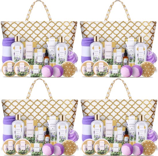 4x Elegante Kerstpakket voor Vrouwen Lavender Dream - Bundel Voordeelset - Verwenpakket Lichaam - XL Herbruikbare Tas Cadeauset - Geschenkset Dames Feestpakket