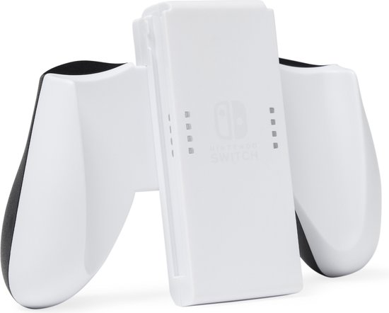 Witte Nintendo Switch Joy-Con Comfort Grip met zwarte handvatten.