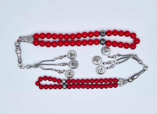 Tesbih "tasbih" fait main en pierre naturelle "Corail sanguin" - Nombre de perles 33 - Diamètre perles 8 MM - avec pompon en métal "modèle 3" - Une belle idée cadeau