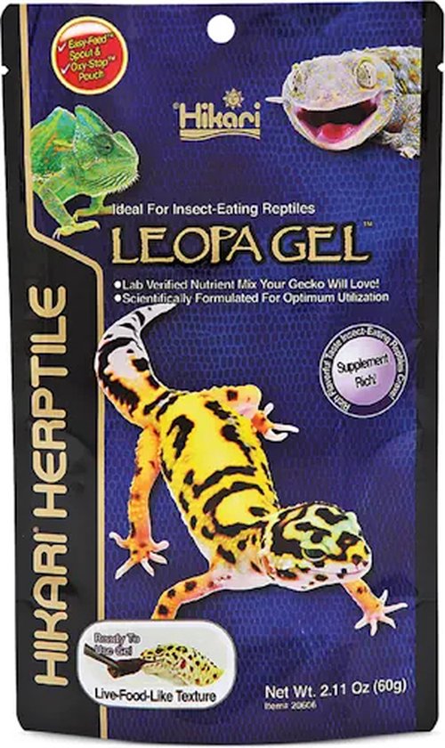 Reptielenvoer Leopa Gel, ideaal voor insectenetende reptielen. Met afgebeelde luipaardgekko, kameleon en tokkaygekko.