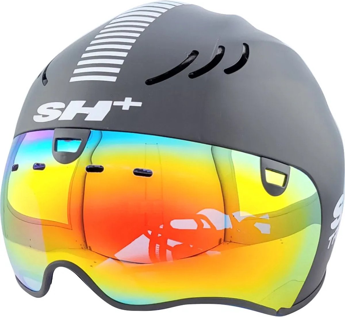 SH+ Triathlon Fietshelm - TRI-AGHON - Unisex - Lichtgewicht 390 gram - 12 Ventilatiegaten - Gemaakt in Italië - Voor een hoofdomtrek van 53 tot en met 56 CM - Mat Zwart Wit