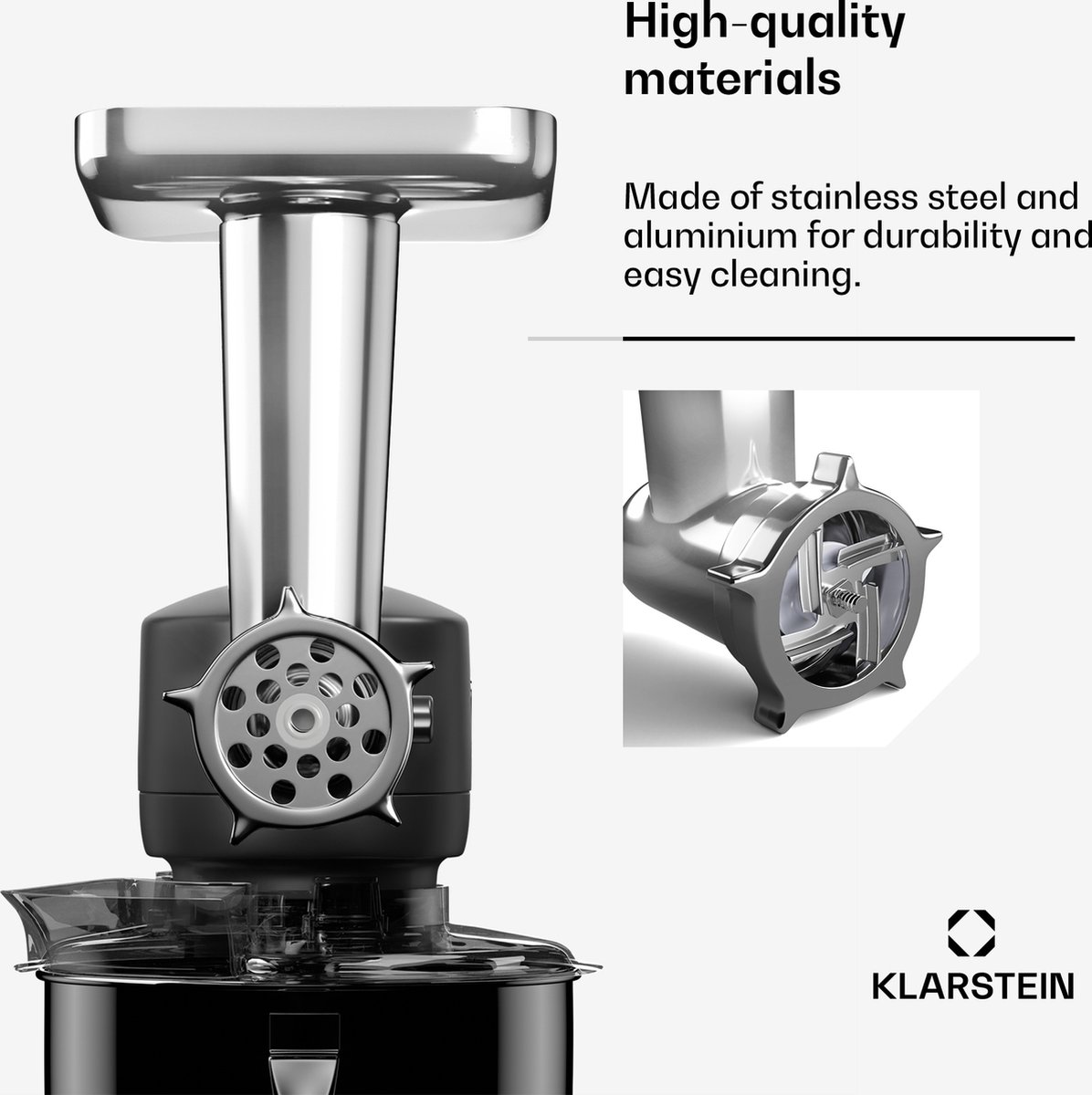 Klarstein Chiara vleesmolenaccessoire voor keukenmachine – Veelzijdige vleesmolen, roestvrij staal, 4 messen, 3 snijplaten, maakt het maken van worst eenvoudig, compatibel met de Chiara keukenmachine