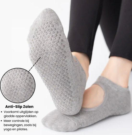 Malinsi® 2-Pack Yoga Sokken Antislip Dames - Pilates Yogasokken - Ballerina Pilatessokken - Ballerinas Open - Zwart & Grijs van Malinsi — afbeelding 2