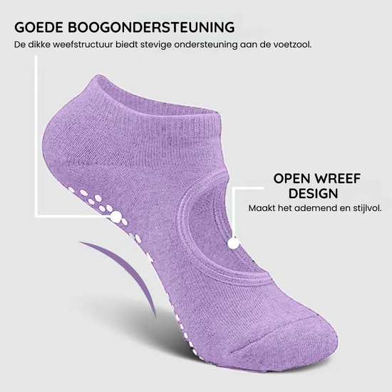 Malinsi® 2-Pack Yoga Sokken Antislip Dames - Pilates Yogasokken - Ballerina Pilatessokken - Ballerinas Open - Abrikoos & Paars van Malinsi — afbeelding 4