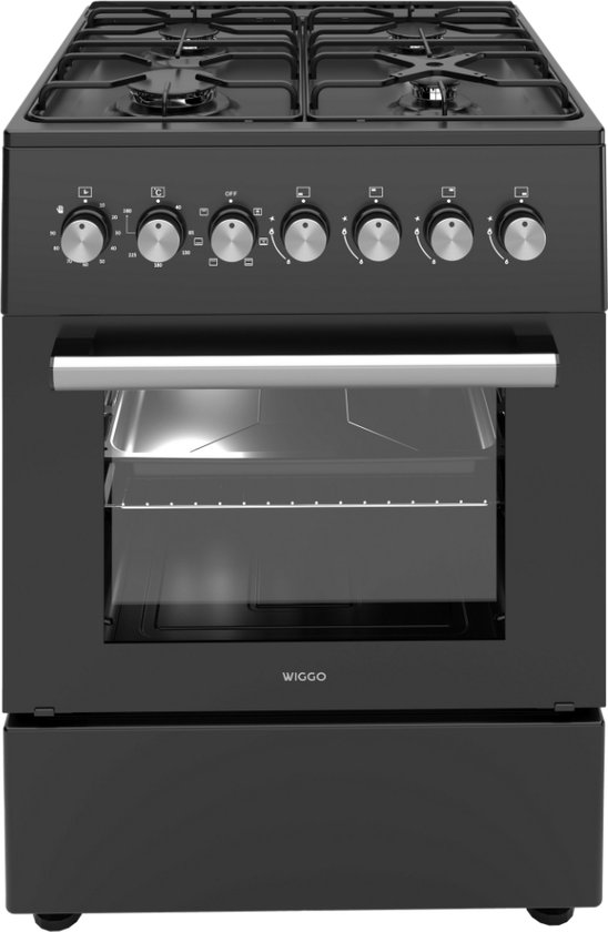 Wiggo - WO-E606A(BB) - Vrijstaand - Gasfornuis - 60 cm - 66 Liter - 4 pitten - Energieklasse B - 5 jaar garantie - Zwart
