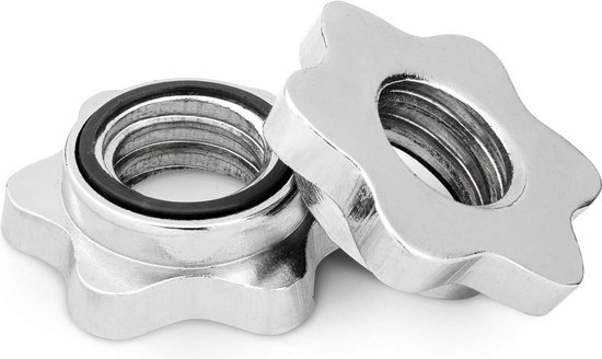 Twee zilverkleurige sluitingen voor halters met een ster-vormig handvat.