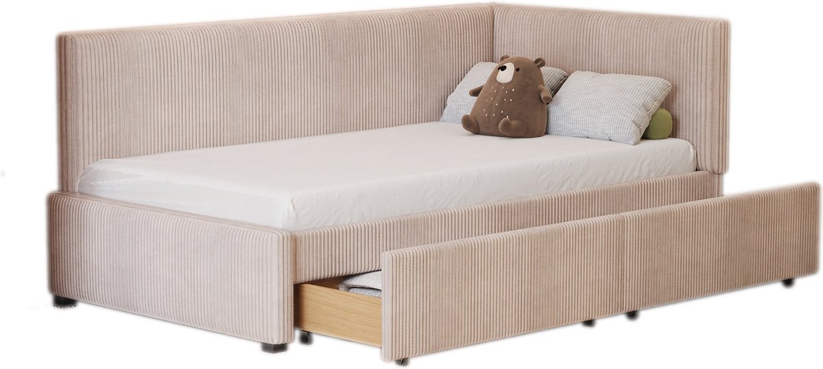 Merax Gestoffeerd Slaapbank Bed 90x200 cm - Beige - Design met 2 Grote Lades en Lattenbodem - Multifunctioneel en Stijlvol