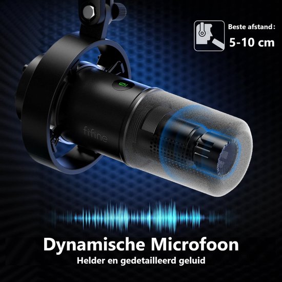 Microphone dynamique noir avec capuchon en mousse, idéal pour une distance de 5-10 cm. Avec visualisation d'ondes sonores.