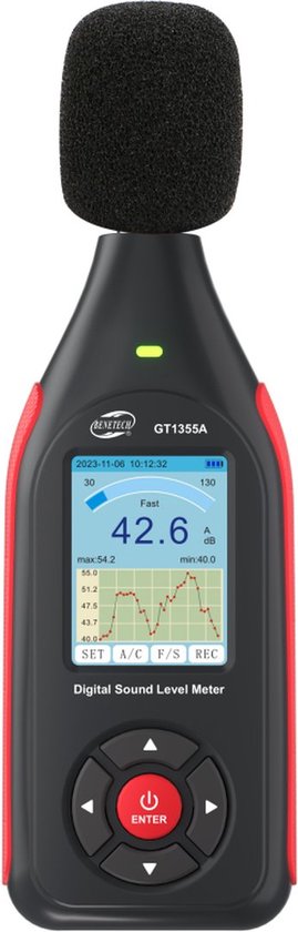 Benetech GM1356 Decibelmeter - Geluidsmeter  A/C  Datalogger Export Functie Alarm Functie