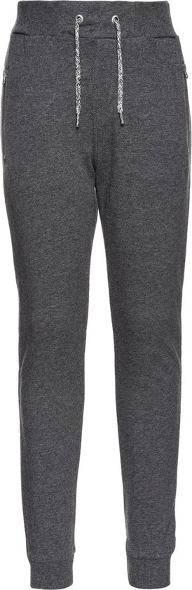 Donkergrijze joggingbroek met koordjes, twee ritszakken en boorden aan de onderkant.