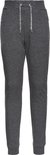 Donkergrijze joggingbroek met koordjes, twee ritszakken en boorden aan de onderkant.