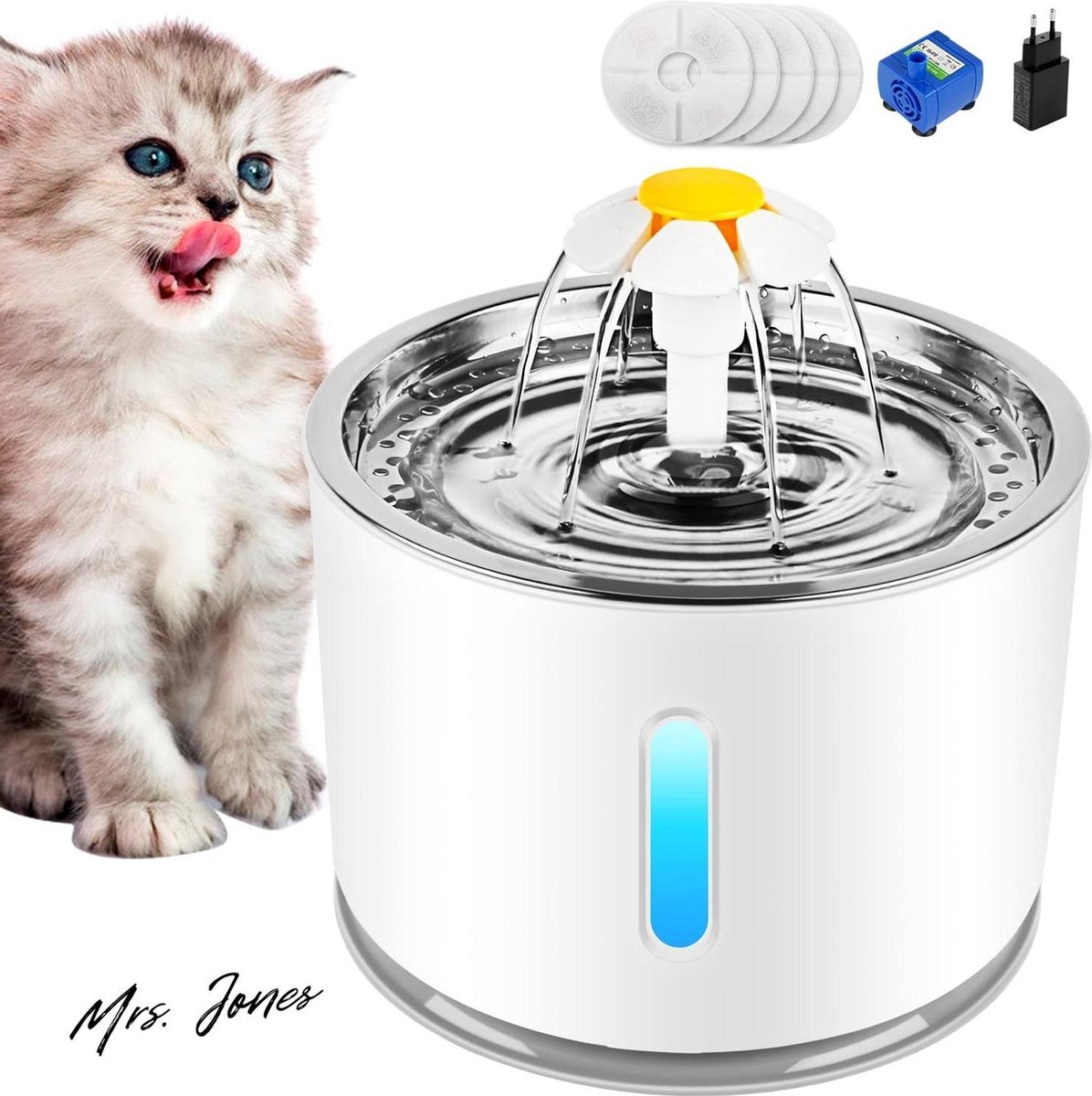 Mrs. Jones Kattenfontein drinkfontein voor katten – waterdispenser voor katten met waterniveau – stil met 5 stuks hygiënische filters 24 l . Mrs. Jones Kattenfontein drinkfontein voor katten – waterdispenser voor katten met waterniveau – stil met 5 stuks hygiënische filters 24 l .