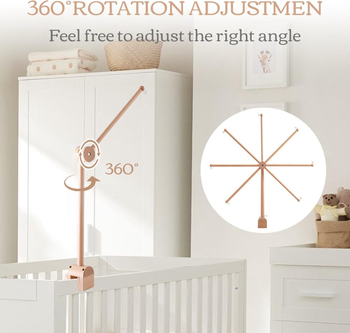 Boxmobiel - Mobiel Houder - Wieg Mobiel - Baby Mobiel Houder Hout - Muziekmobiel Houder Hout - Baby Mobiel Houder Hout - Boxmobiel Houder Hout - Baby Kamer Decoratie - Verstelbare Arm Voor Babybox - Eenvoudig Bevestigen - Verstelbaar - Voor Babybox – foto 6