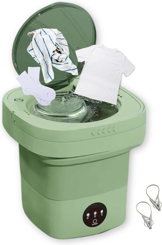 Delugo® Mini Wasmachine - Opvouwbaar - Met Centrifuge - Kleine Camping Wasmachine - Incl. Knijpers - 8L - Groen