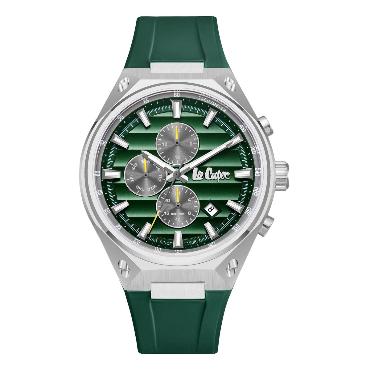 Lee Cooper LC08063.377 - Horloge - Polshorloge - Analoog - Heren - Mannen - siliconen band - Metaal - Rond - Strepen - Datumaanduiding - 12-24H - Tweede Tijdzone - DonkerGroen - Zilverkleurig