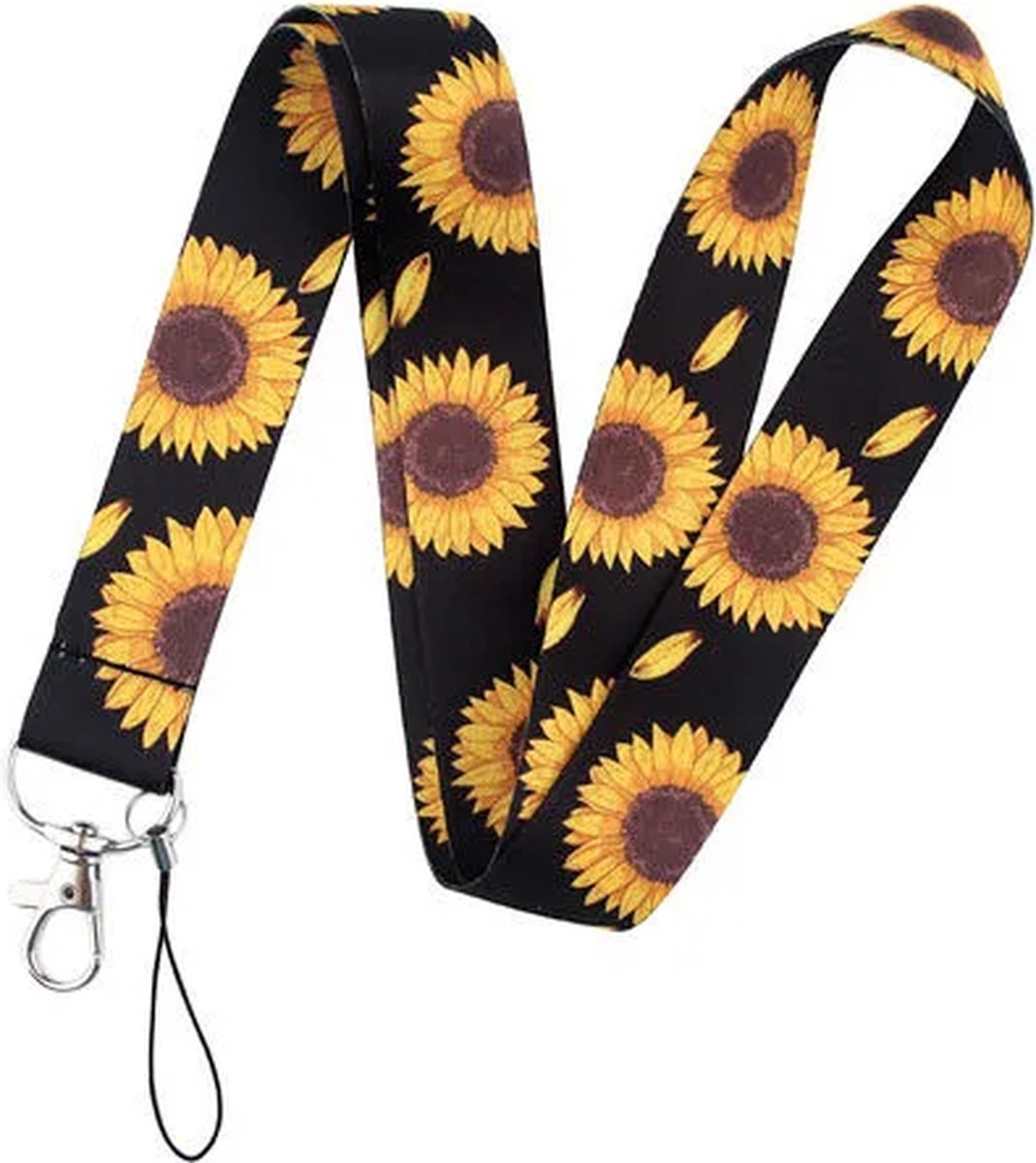 Travel Cords - Keycord Zonnebloemen Zwart - stevig lanyard - sleutelhanger - sleutelkoord - met telefoonkoord - sleutels