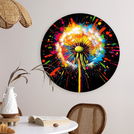 WallCircle® Wandcirkel 60x60 cm - Muurcirkel Paardenbloem - Graffiti - Kleurrijk - Bloemen - Natuur - Muurdecoratie woonkamer - Wanddecoratie slaapkamer - Kamer decoratie accessoires - Ronde schilderijen