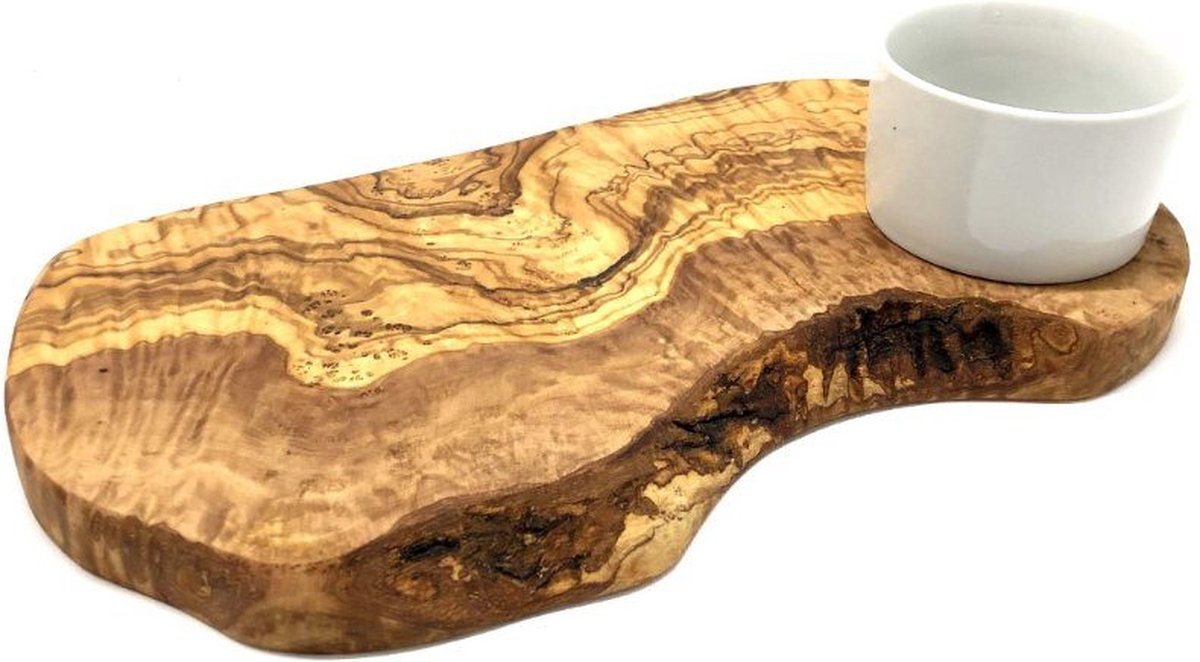 D.O.M. Rustiek Olijfhouten Burgerplank 30-34 cm met Porseleinen Dipschaaltje – Luxe Serveer- en Snijplank