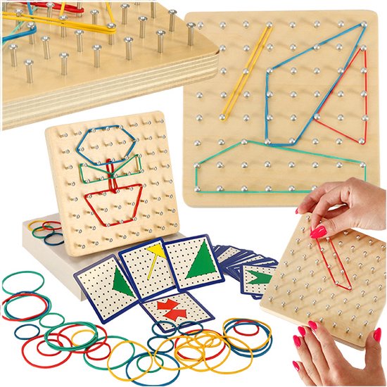 Geoboard Houten Puzzel – Montessori Speelgoed – Vormen Maken met Elastiekjes – Educatief Geobord van Hout met Kaarten – Vanaf 3 Jaar