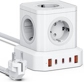 Voomy Cube 100W Stekkerdoos - 3 USB-C & 2 USB-A Poorten - 5 Stopcontacten - Aan / Uit schakelaar - Snellader voor Laptop, Telefoon & Tablet - Powercube - Oplader, Adapter, Verlengsnoer - Wit