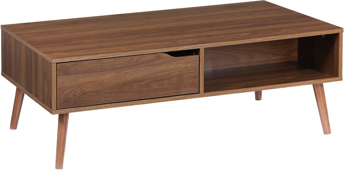 sweeek - Vintage salontafel in walnootkleurig hout, 1 lade 2 vakken