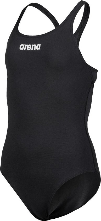 Zwart badpak met racerback en logo op de borst, zij-aanzicht.