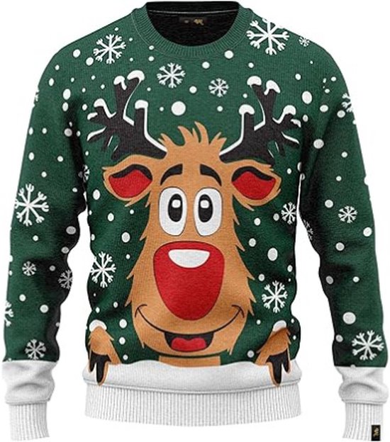 Kersttrui met ronde hals voor heren, lange mouwen, grappig rendier