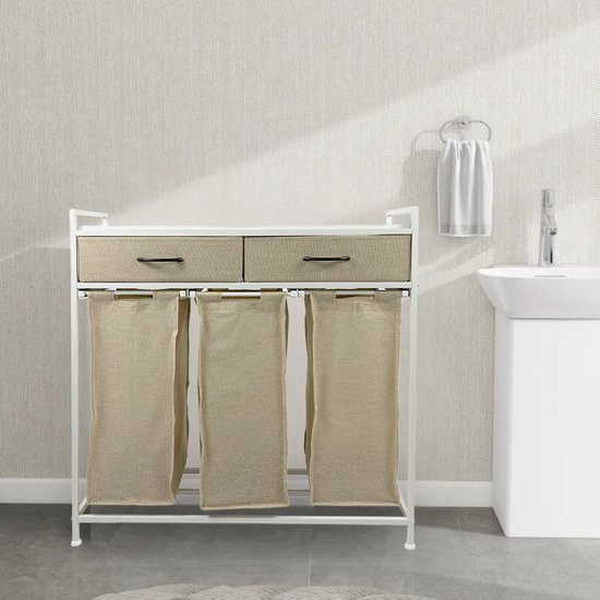 Casayali® TrioSort Paniers à linge 150 Litres - Panier à Linge 3 Compartiments - Trieur de Linge Extensible avec Tiroirs - Crème
