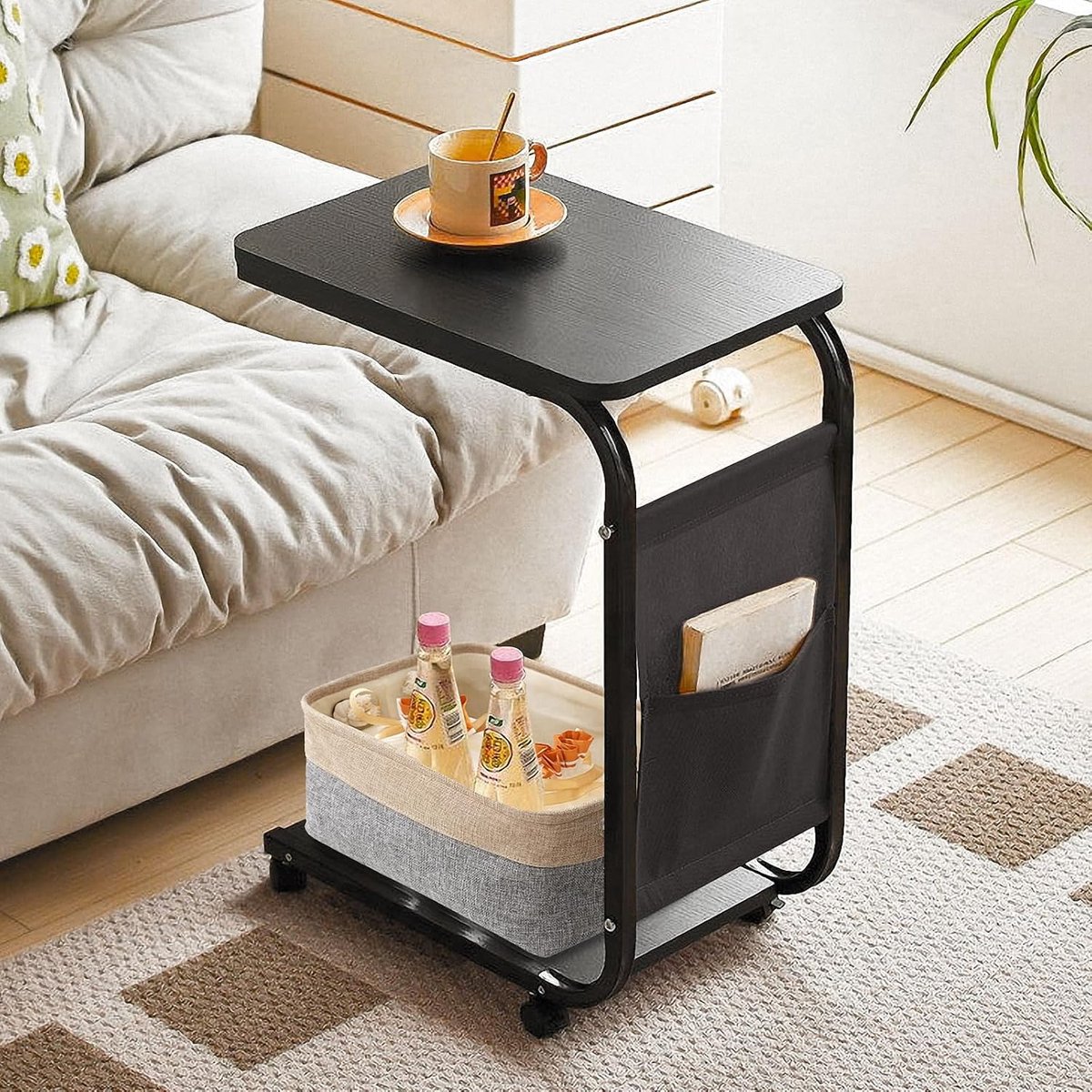 Inovra Compact en Moderne Bijzettafel in C-vorm met Wielen en Opbergruimte voor Elke Kamer