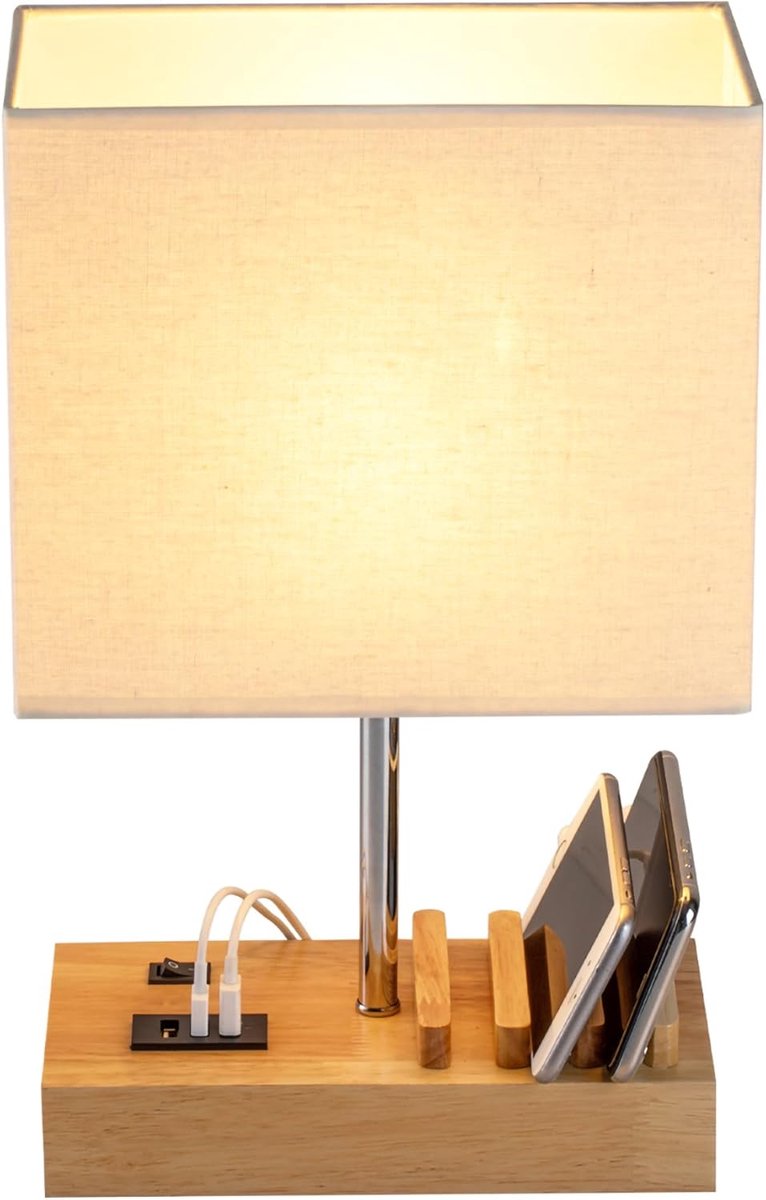 Tafellamp met 3 USB A+C-poorten, 3 telefoonhouders, modern USB-nachtlampje voor slaapkamer, woonkamer, kantoor, bedlampje met natuurlijke houten basis en lampenkap van [Energieklasse E]