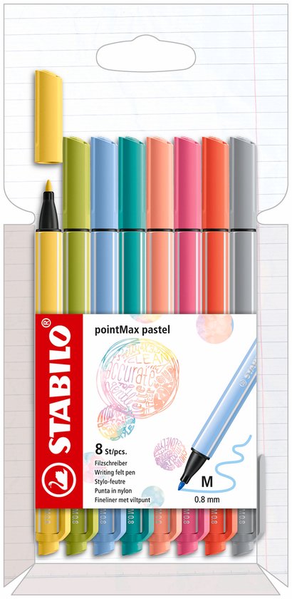 STABILO pointMax – Hardtip Fineliner – Large 0,8 mm – nylon punt – Etui Met 8 Pastel Kleuren