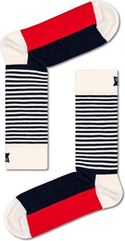 Wit-blauw gestreepte Happy Socks met rode en donkerblauwe vlakken op de enkel en teen. "Happy" tekst op de zool.