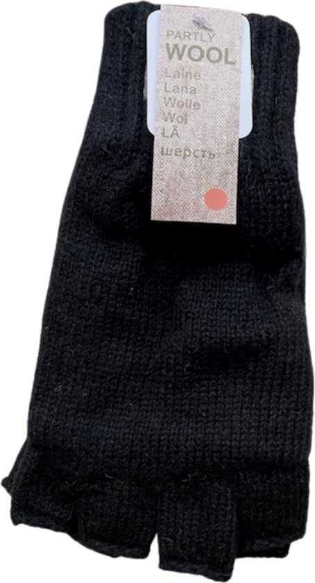 Zwarte vingerloze gebreide handschoen met een 'Partly Wool' label.