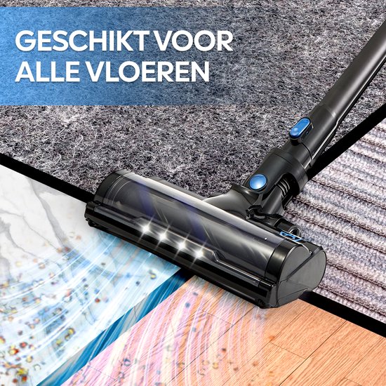 Steelstofzuigerkop met LED-verlichting die verschillende vloertypes stofzuigt: hardhout, tegels en tapijt.