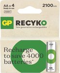 Verpakking voor vier GP Recyko AA batterijen, met op de voorkant een grote groene cirkel.