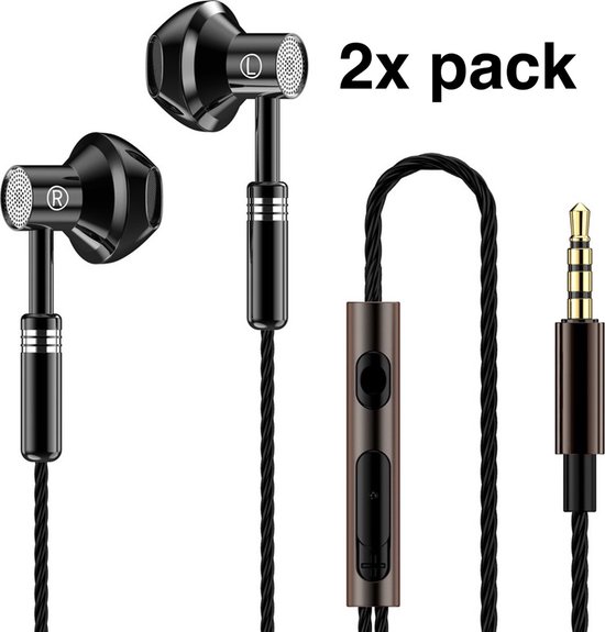 2 x Bedrade oortjes - Earpods -In Ear Oordopjes - Oortjes met Draad en Microfoon - Extra Bass - 3,5mm Jack Aansluiting - 120cm kabel - Zwart