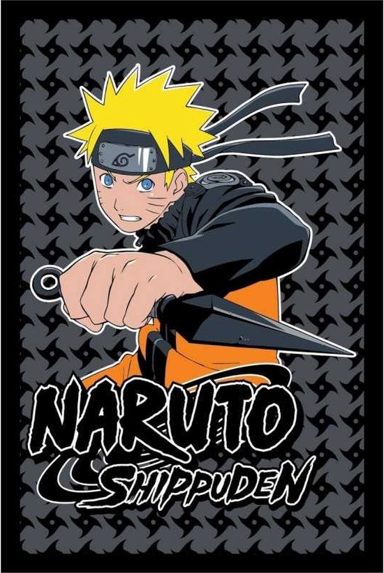 Naruto Shippuden met gele haren en oranje kleding, met een kunai in zijn hand.