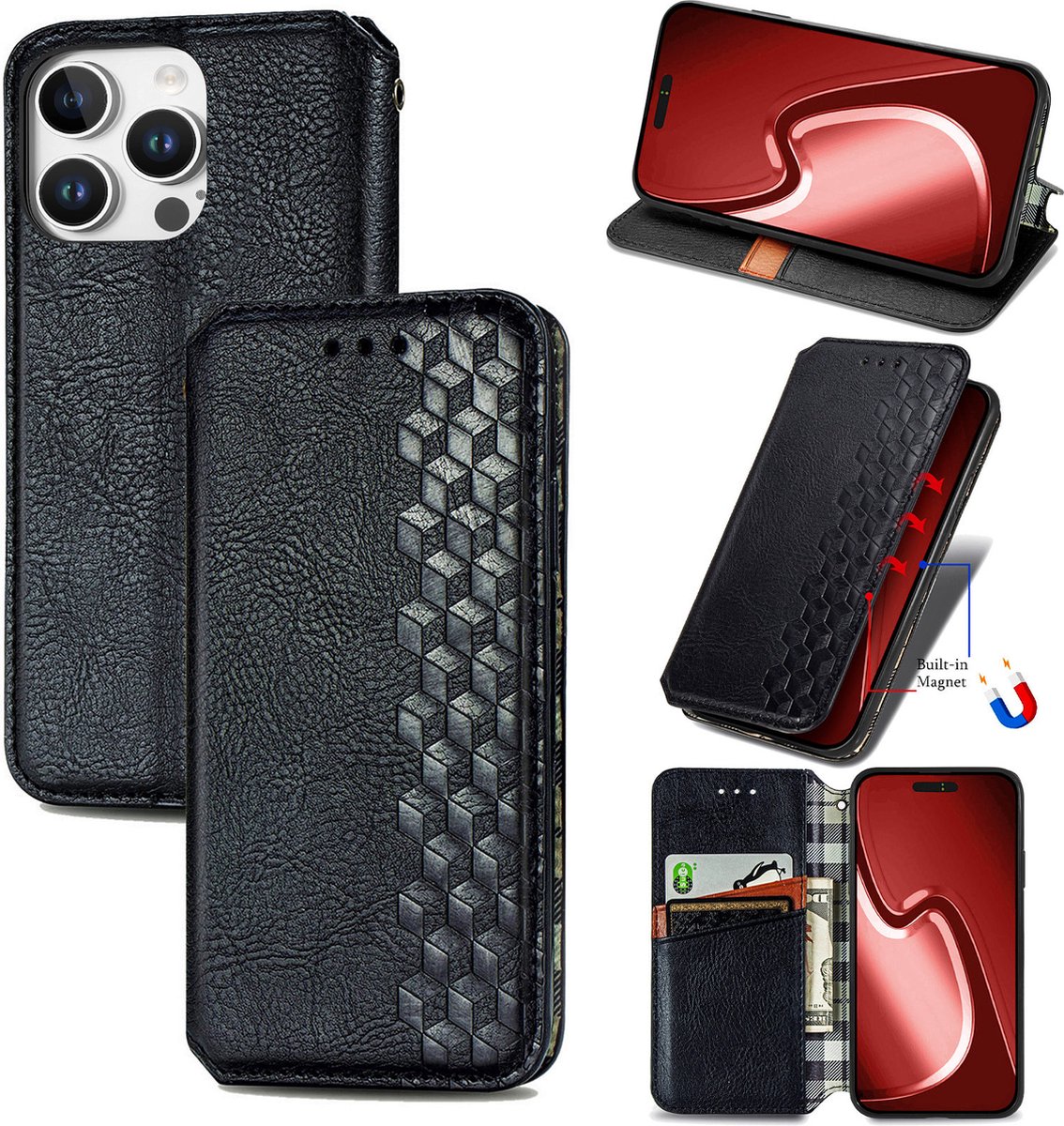 Luxe PU Lederen Ruitpatroon Wallet Case + Screenprotector voor iPhone 16 Pro Max _ Zwart