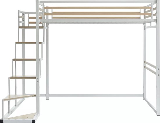 Hoogslaper 90 x 200 cm met bureau en opbergplanken - metaal - lattenbodem - wit