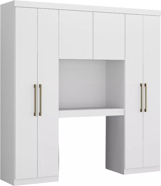 Witte kastenwand met zes deuren en een open centraal vak met een plank.