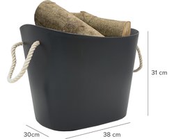 Houtmand kunststof met touw handgrepen - haardhout mand zwart - opbergmand - haardmand