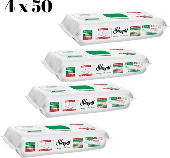 Lingettes Nettoyage Sols Avec Eau De Javel - Lot 200 (4x50) - Sleepy - 8 Couches, Désinfectant - 35x19 Cm