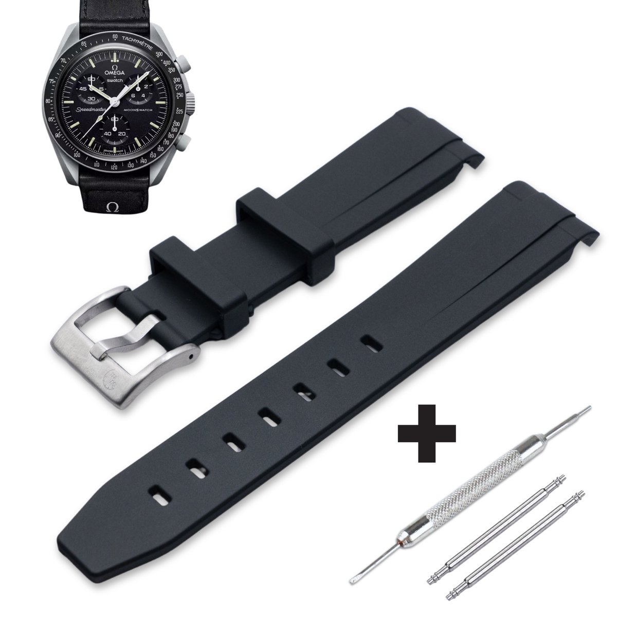 Watch Mates - MoonSwatch horlogebandje - Zwart + Gratis Tool Pushpins
